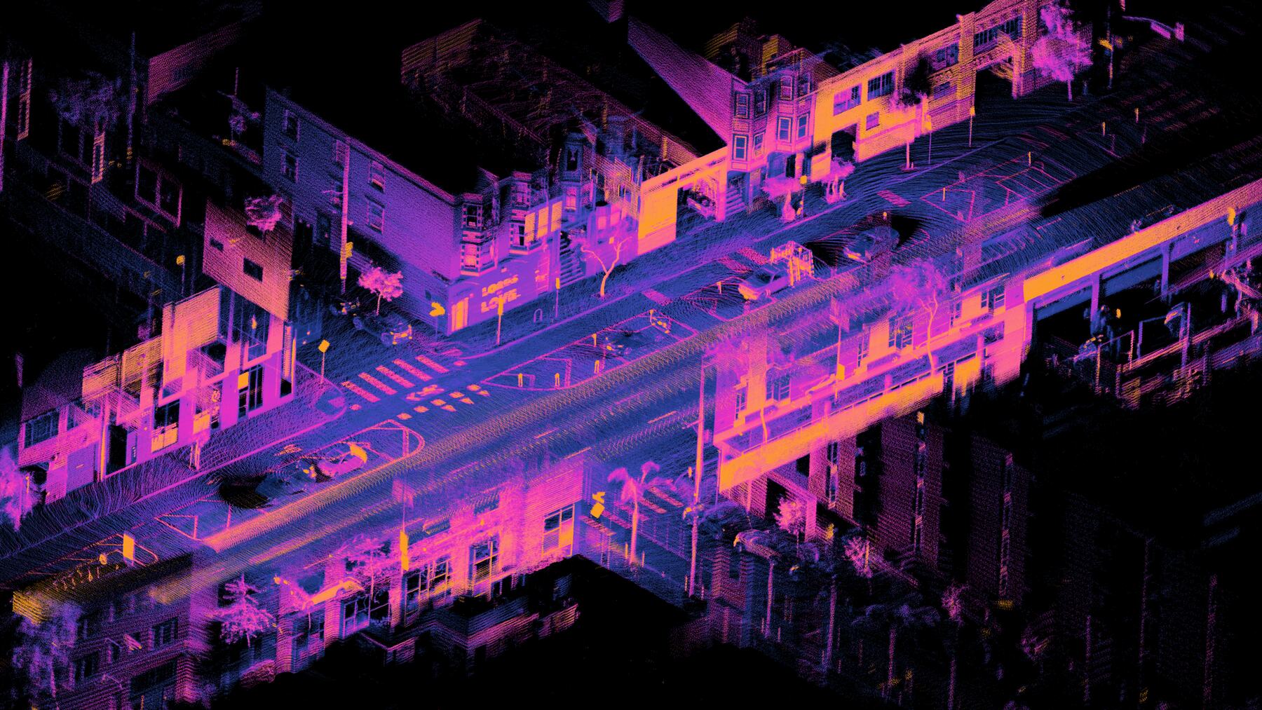 A LiDAR point cloud of a street intersection